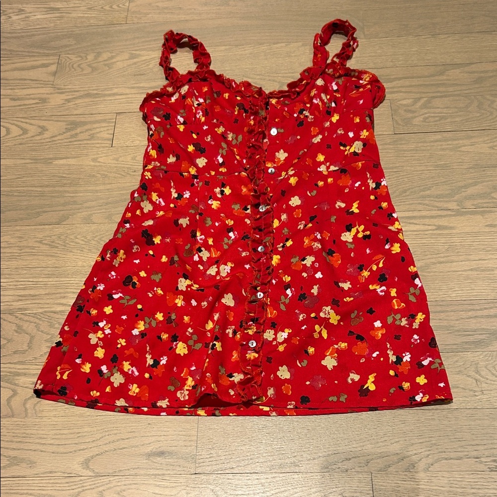 Red Floral Mini Dress with Ruffle Straps